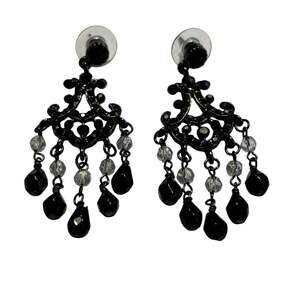 Pierced fashion earrings black & clear beads on silver drop dangle chandeliers